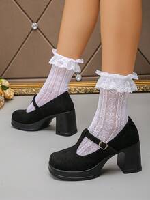 Sapatos Mary Jane vintage plus size femininos, novos sapatos sociais de salto grosso, estilo primavera/outono, simples, com salto baixo, de camurça preta e tiras, adequados para uso diário, trabalho, festas e ocasiões formais - Preto - Ver 6