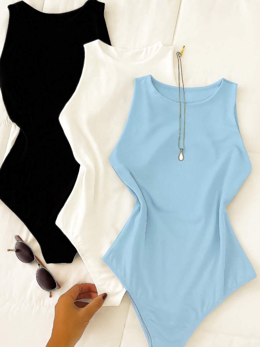 Bori Women's Bodysuit Kit, Bory Tank Top, Versatile, Casual, Closed Back, Second Skin, Basic, Stylish, Various Colors - 黑白/淺藍色 - 查看 1