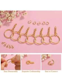 300pcs Key Rings, 100pcs 25mm Keychain With Chain, 100pcs Split Rings, 100pcs Screw Eye Pins, Suitable For Resin, Crafts And Keychain Making, Car Accessories, Cute Gothic Y2K Style Lanyard, ID Badge Holder, Car Accessories Decoration - 金色 - 查看 4