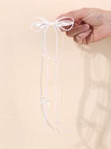 2 piezas Elegantes lazos de cinta para el cabello de niñas con cadena de perlas falsas, pinzas de cocodrilo con cola larga, pasadores de cabello para boda, vacaciones, dulces y lindos, accesorios para el cabello de adolescentes, regalo festivo