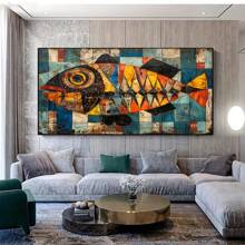 1 件现代抽象彩色鱼帆布艺术印刷品，70.0x140.0 厘米无框墙面装饰，适用于客厅和卧室，几何鱼图案，色彩鲜艳，客厅装饰 | 抽象鱼艺术 | 鲜艳的色彩艺术，鱼装饰 - 彩色 - 查看 2