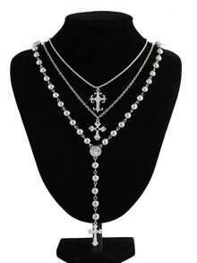 3 Peças/Conjunto Conjunto de Colar Multicamadas, Pingente de Cruz, Gargantilha em Y Longa, Colar de Contas, Acessórios de Joalheria Versáteis e Minimalistas Adequados para Homens/Mulheres, Uso Diário, Festa, Banquete - Prata - Visão 2