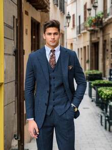 Men's Fashion Classic Three-Piece Suit Set Retro Elegant Formal Dress - 藍色 - 查看 1