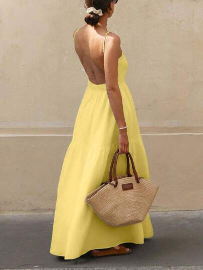 Women's Sheer & Airy Thin-Strap Sleeveless Solid Color Bohemian Open-Back Ruffled Hem Dress, Perfect For Resort Vacations & Casual Getaways