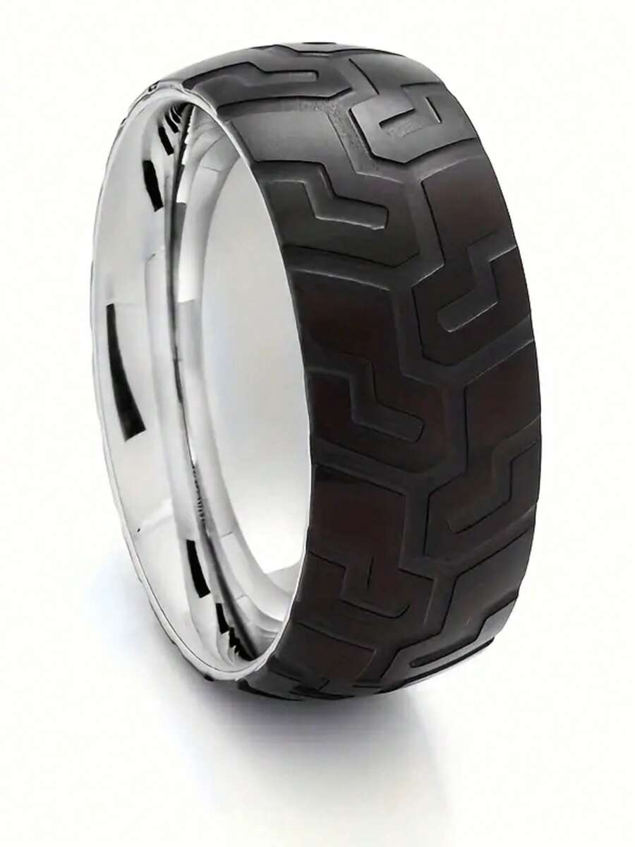 不锈钢黑色轮胎花纹时尚百搭戒指，适合赛车爱好者、派对、生日礼物 - 彩色 - 查看 1