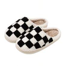 Women Fashion Winter Slippers Indoor Checker Fuzzy Embroidery Warm Comfortable Couple Home Shoes - 黑色 - 查看 6