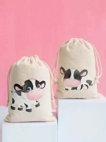 10*15cm Sac à cordon de thème de la ferme des animaux, sac à motif de vache de dessin animé mignon, sac cadeau pratique convenant pour la fête, l'emballage de cadeau d'anniversaire, avec de multiples designs de vache de dessin animé, sac de décoration de vacances chaleureux et intéressant
