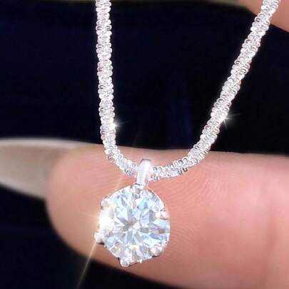 1pc 925 Sterling Silver 1 Carat 6-Prong Round D-Color Moissanite Diamond Pendant Necklace, Suitable For Women Wedding Bride Jewelry Party Gift Engagement Eternal Promise Necklace, Exquisite Jewelry