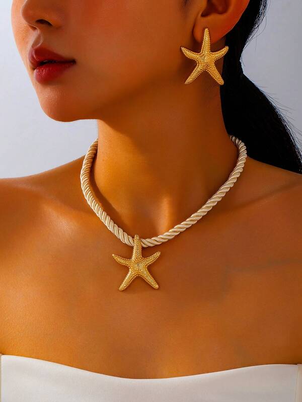 1 Set Fashion Stylish Exaggerated Geometric Starfish Earring & Pendant Jewelry Set For Women, Suitable For Everyday & Commuting