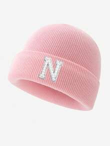 1pc Women's Fashion 26 Faux Pearl Letter Decor Elastic Warm Knit Hat, Outdoor Cold-Proof Cap, Suitable For Autumn/Winter Daily Wear, Matching, Great Gift Autumn Accessories - Pink - View 9
