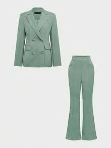 Elegant basic business pendling outfit: Midja åtsittande, vanliga axlar, långärmad kavaj + högmidjade utsvängda byxor, vårkostym - Grön - Visa 5