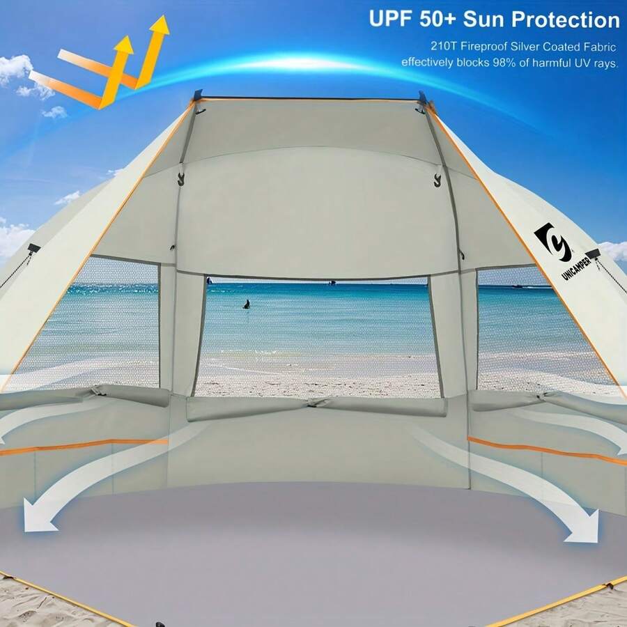 UNICAMPER Beach Tent 3 Person Sun Shelter UPF 50+ With Extended Waterproof Pe Floor & 3 Mesh Roll Up Windows Fits, Portable Beach Shade Easy Setup For Outdoor Camping, Indoor, Fishing, Yard. (Green) - 米色 - 查看 1