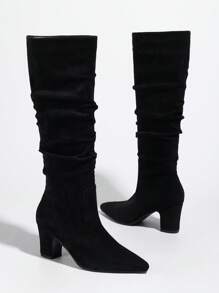 Women's Fashionable Hot-Selling Pointed Toe Pleated High Heel Suede & Leather Knee-High Slip-On-On Black Boots, Autumn/Winter - Black - View 7