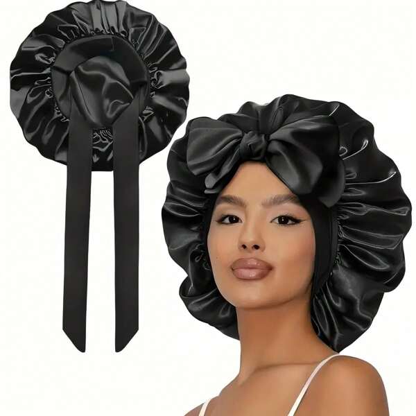 [Rosa Satin Haube] Weiche, luxuriöse rosa Satin Haube - verstellbares Bindeband & Schleifen Akzent, bequemes gerüschtes Design für einen engen Sitz, Haar Schutz | Satin Kappe | glatter Satin Finish für Frauen & Männer