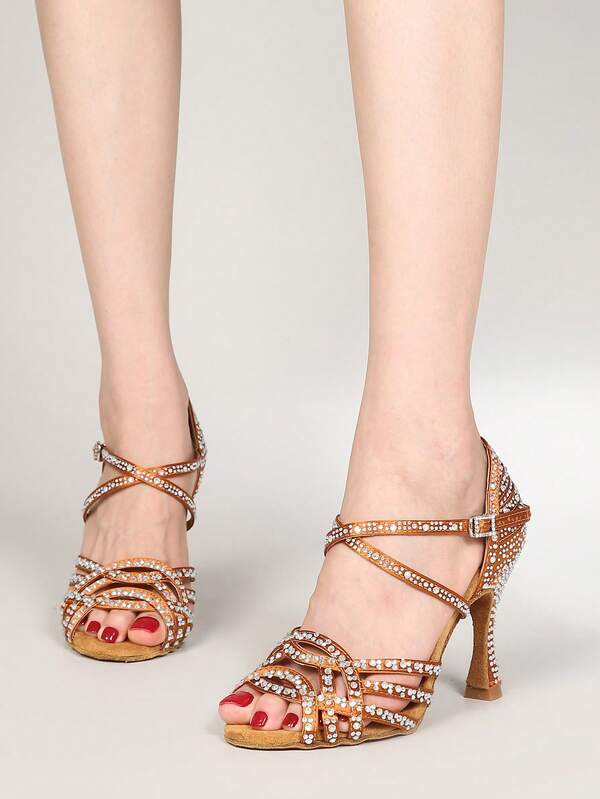 1 Pair Fashion Rhinestone Women's Professional Latin Dance Shoes, Salsa/Cha Cha/Tango Training Shoes, Bronze Soft Bottom Comfortable Non-Slip Indoor Party Shoes, 9CM Cuban Heel Dance Competition Shoes