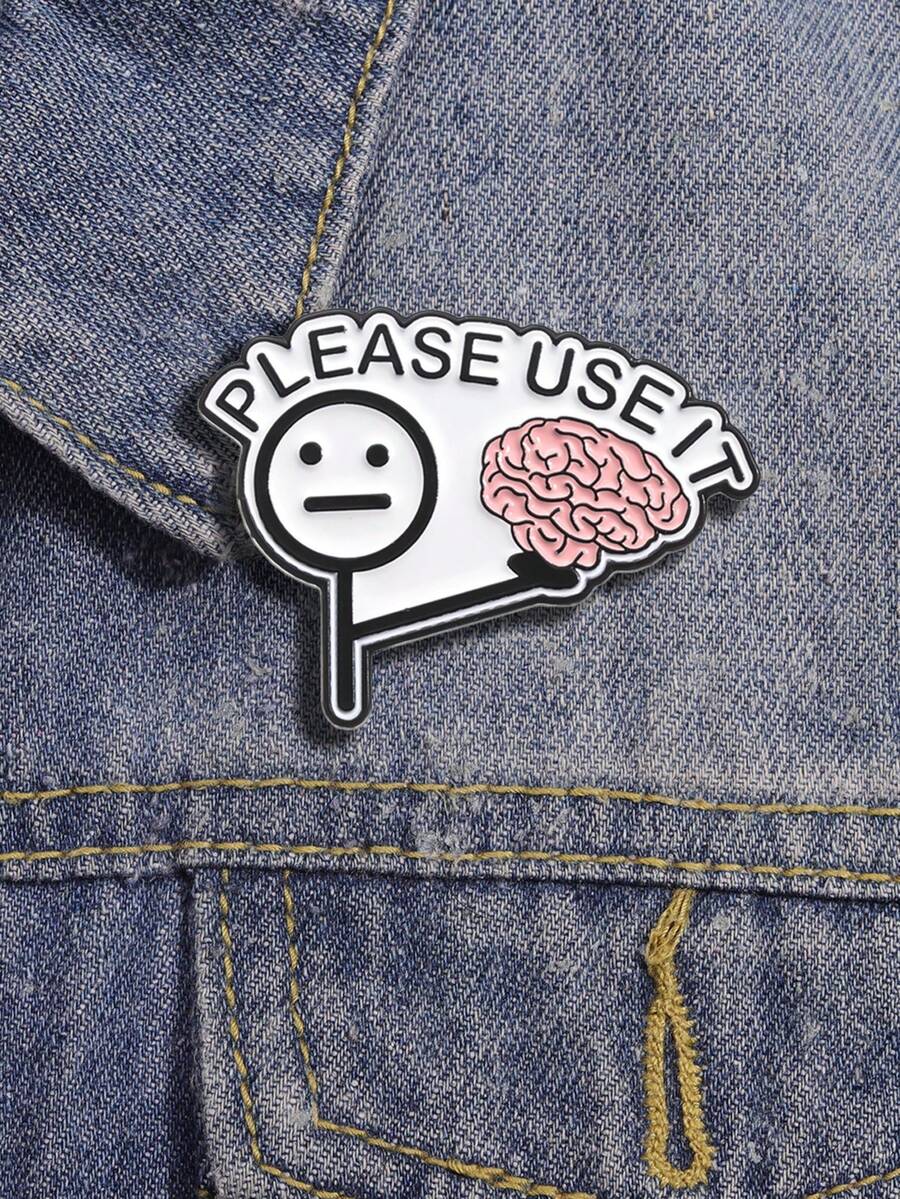 1 件大脑表情包徽章 - $Tick 人物手持大脑卡通 - “请使用它”讽刺别针，适合教师和科学迷 - 黑與白 - 查看 1