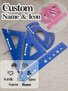 LICVIC Juego de reglas personalizadas con texto, reglas personalizadas, regla triangular, regla de línea ondulada, transportador, útiles escolares, artículos esenciales para la universidad, día del maestro, dibujo, pintura, herramientas de medición, útiles escolares, papelería, azul/rosa, personalizado, personalizable, diario, estudiantes, maestros, oficinas, niños, niñas, amigos - Multicolor - Ver 1