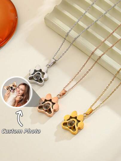 1 pieza Collar personalizado con proyección de huella de mascota, collar con proyección de foto de mascota personalizado, collar conmemorativo de foto de perro/gato pequeño personalizado, collar con huella de perro, collar personalizado con foto de mascota linda, joyería conmemorativa de mascota, regalo para novia, amiga, collar de moda con huella de perro