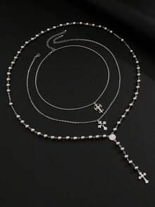 3 Peças/Conjunto Conjunto de Colar Multicamadas, Pingente de Cruz, Gargantilha em Y Longa, Colar de Contas, Acessórios de Joalheria Versáteis e Minimalistas Adequados para Homens/Mulheres, Uso Diário, Festa, Banquete - Prata - Visão 7