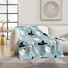 1pc Halloween Themed Plush Flannel Blanket, Featuring Ghost & Spider Web Patterns, Soft & Cozy Cartoon Halloween Themed Blanket, Ideal For Holiday Decor & Gifts, Suitable For Living Room, Bedroom, Office, Camping, Party, Autumn Design, Nap Blanket | Sofa Throw | Air Conditioning Blanket, Multiple Sizes Available, Bedroom Decor Blanket, Blue Blanket