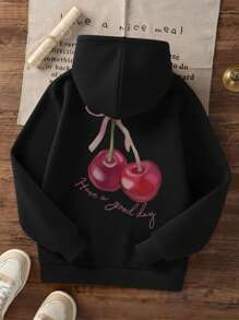 Tween Girls Students Casual Printed Fleece Lined Hooded Sweatshirt Jacket, Suitable For Spring, Autumn And Winter