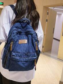 Ransel Wanita dengan Resleting dan Emblem Huruf, Ransel Denim Ringan dengan Motif Cuci, Ransel Kasual Modis Warna Solid untuk Aktivitas Luar Ruangan, Tas Laptop Kapasitas Besar, Tas Sekolah Serbaguna Gaya Kampus, Cocok untuk Mahasiswa, Siswa SMP, Belanja, dan Membawa Dompet - Navy Blue - View 7