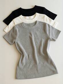 Kit 3 Short Sleeve Ribbed Blouses For Women, Basic, Elegant, Summer - Gray/White/Black - View 1