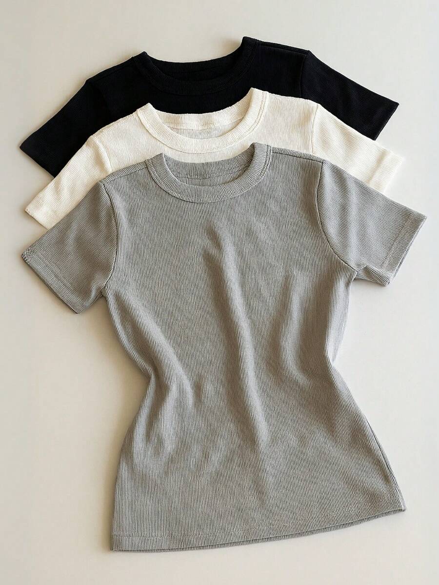 Kit 3 Short Sleeve Ribbed Blouses For Women, Basic, Elegant, Summer - Gray/White/Black - View 1
