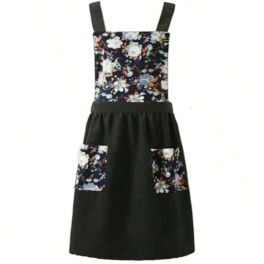 FWQGQEG Vintage Ladies Aprons, Pinafore Apron Dress For Women Girls, Cute Floral Slim Aprons Chef Aprons, Gift For Women - 黑色 - 查看 1
