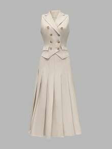 ANCHOSE 女士三件套包括：金属扣无袖背心、露肩夹克和 A 字褶裙，时尚优雅，适合夏季至初秋的通勤穿着