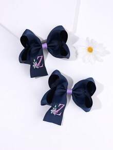 2 buah Jepit Rambut Pita Huruf Bordir untuk Kembali ke Sekolah, Aksesori Rambut Pita Inisial A-Z Warna Biru Tua untuk Anak Perempuan, Hadiah Terbaik untuk Guru dan Murid - Navy Blue - View 26
