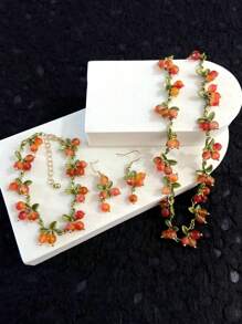 Cercei, brățară și colier romantic cu pietre naturale colorate cu flori și merișoare, țesute manual, set pentru femei
