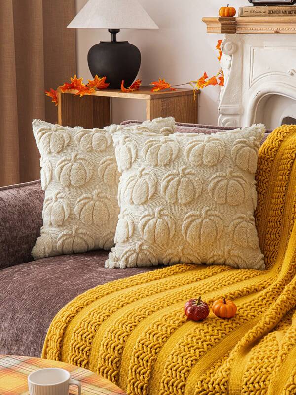 1 件米色弧形南瓜刺绣枕套，农舍风格方形靠垫套，适用于客厅卧室家居装饰