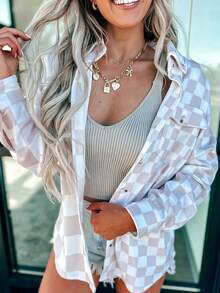 Acelitt Áo sơ mi kiểu dáng thường ngày, ve áo, họa tiết caro màu kaki tương phản, thích hợp cho mùa Thu/Đông/Xuân. - Màu Khaki - Xem 3