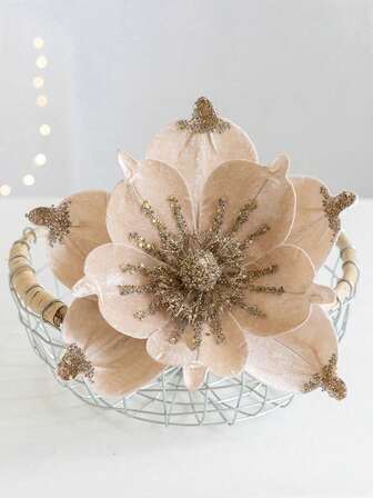 1pc, Artificial Velvet Magnolias Flowers, Holiday Glitter Flowers Christmas Home And Tree Decorations, Great For Valentine's Day, Thanksgiving, Mother's Day And Other Holidays, Can Be Used As Gifts Or Seasonal Decorations, Home Decoration