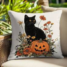 1pc Halloween Black Cat & Pumpkin Illustration Cushion Cover, Soft Peach Velvet Material, 45*45CM Pillow Case Suitable For Room Decor, Indoor Living Room Sofa Decor, Party Decoration, Decorative Pillow Cover Gift