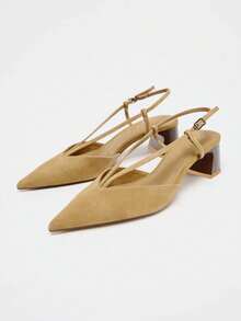 Giày cao gót đế dày kiểu dáng kitten heel bằng da lộn dành cho nữ, kiểu dáng mới, mũi nhọn, quai sau, cỡ lớn, thanh lịch. - màu nâu - Xem 2