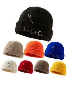 1pc Men's Solid Color Metal Ring Knit Beanie Hat, Minimalist Fashion Versatile Warm Knit Cap For Outdoor, Autumn/Winter Daily Wear Fall Outfit - A - View 10