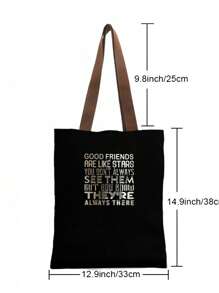 1 件黑色字母印花女士手提包，敞口帆布单肩包，适合学生、大学、高中的简单手提包，可容纳笔记本、文件、旅行 - 黑色 - 查看 3