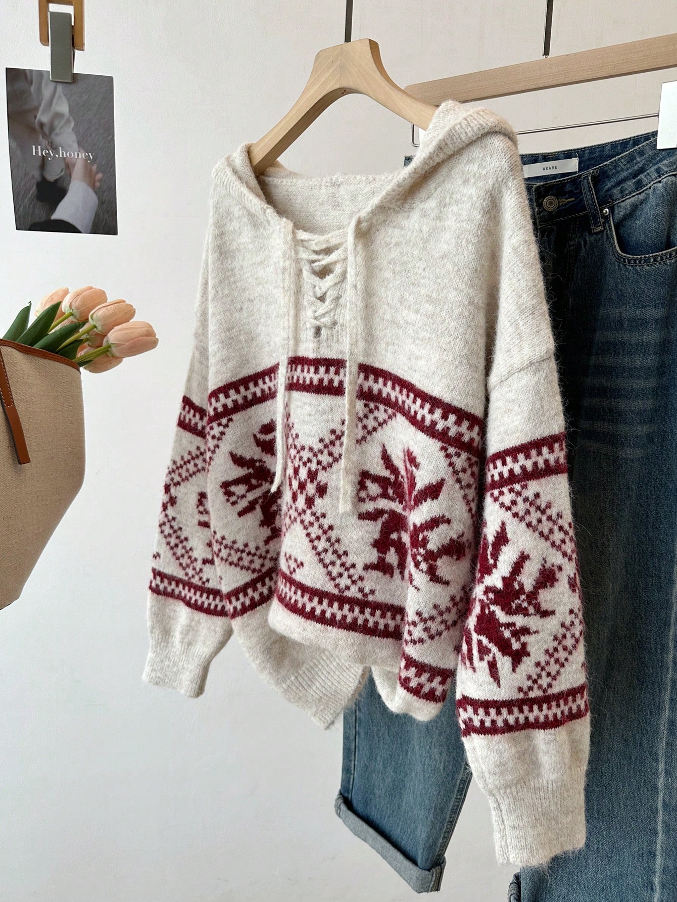 كنزة صوفية كاجوال نسائية بنمط هندسي ملون مع كابوشو...