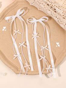 2 piezas Elegantes lazos de cinta para el cabello de niñas con cadena de perlas falsas, pinzas de cocodrilo con cola larga, pasadores de cabello para boda, vacaciones, dulces y lindos, accesorios para el cabello de adolescentes, regalo festivo