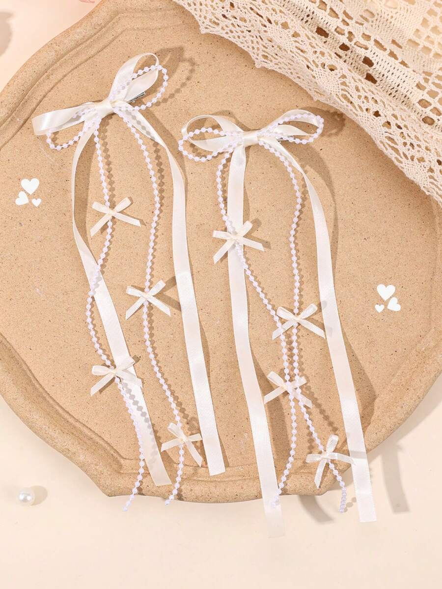 2 piezas Elegantes lazos de cinta para el cabello de niñas con cadena de perlas falsas, pinzas de cocodrilo con cola larga, pasadores de cabello para boda, vacaciones, dulces y lindos, accesorios para el cabello de adolescentes, regalo festivo
