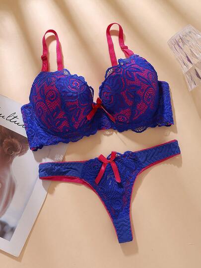 Fashionable French Romantic Sexy Lace Contrast Color Women's Thong & Bra Set, Supportive Deep V Comfortable BC Cup Lingerie Set