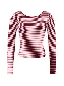 Vaiaye Women's Sexy Backless Striped Knit Long Sleeve Top, Backless Round Neck Casual T-Shirt, Suitable For Work Commute In Spring And Summer - Red - View 4