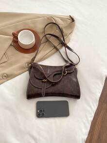 1 件女士纯色复古 PU 单肩斜挎包（尺寸：26 * 19 * 6 厘米），时尚经典手提包，带钥匙扣吊坠，适合装手机、钱包、通勤、办公室、购物 - 咖啡棕 - 查看 8
