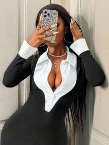 Women's Elegant Bodycon 2 In 1 Collared Patchwork Dress - Black - View 5