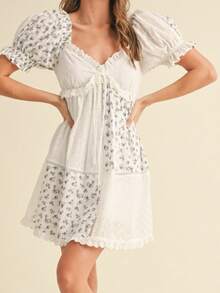 Women's Floral Print Maternity Dress Bow Tie Front Ruffled Trim V Neck Short Sleeve A-Line Mini Dress For Spring/Summer - White - View 5