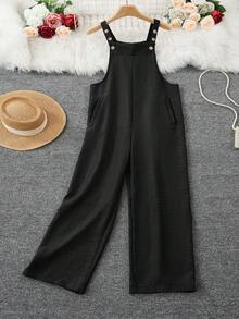 一件纯色梭织面料纽扣口袋女士连体裤，适合度假、日常穿着、生日派对、返校派对、单身派对、旅行，四季皆宜，牛仔质感黑色春季款 - 黑色 - 查看 4