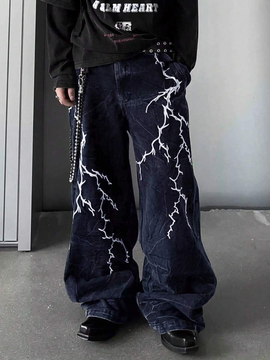 1件男女通用街头服饰品牌Infinite牛仔裤，休闲宽松阔腿牛仔裤（不含腰带和配饰） - 中等水洗藍 - 查看 1