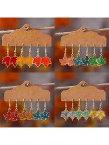 Fashionable Unique Thanksgiving Maple Leaf Earrings, Creative Leaf Drop Oil Jewelry Set - Yellow Gold - View 5
